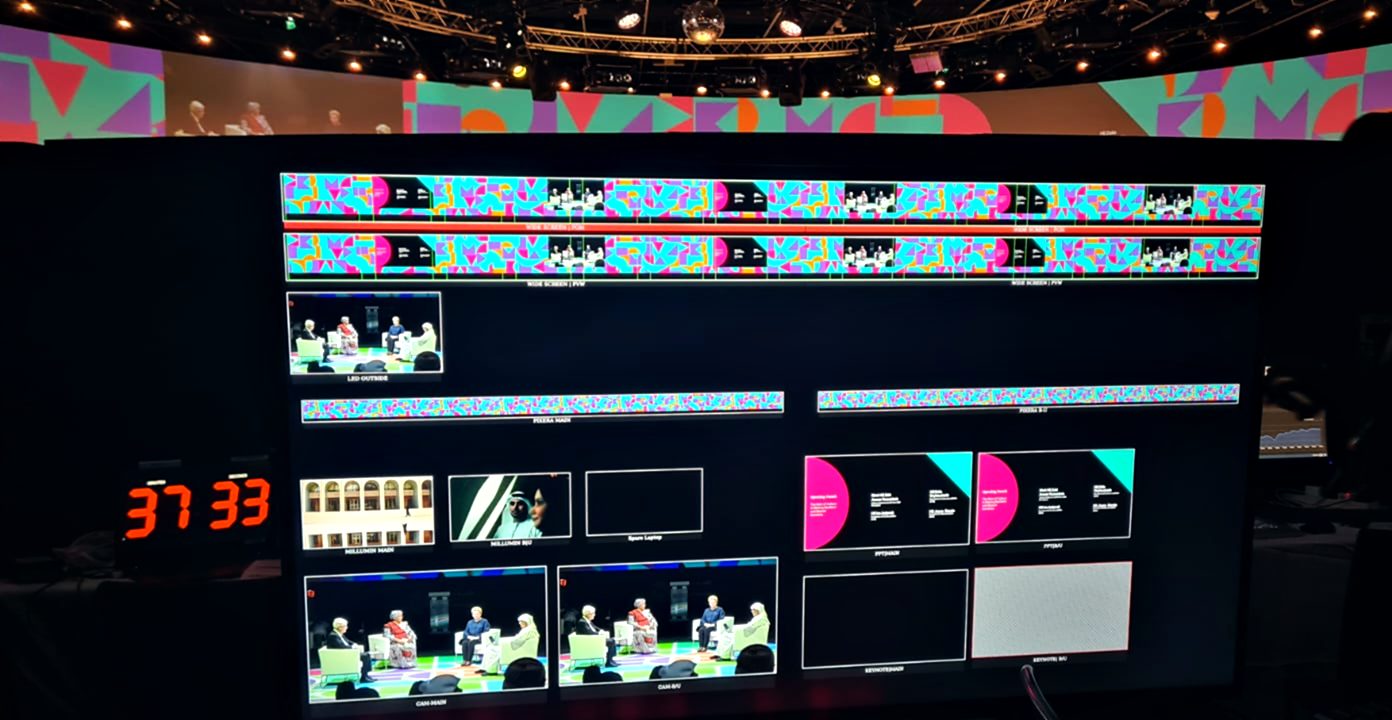 DMS multiviewer monitoring every LED, camera and playback feed, with a show countdown clock, in front of a curved LED stage at a live event