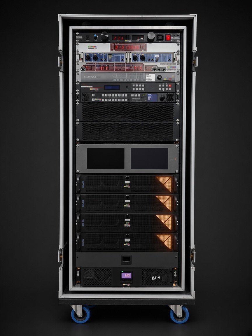 DMS Pixera media server flight-case rack with Pixera media servers, a Smart Videohub router, dual monitors, audio and timecode units and an Eaton UPS